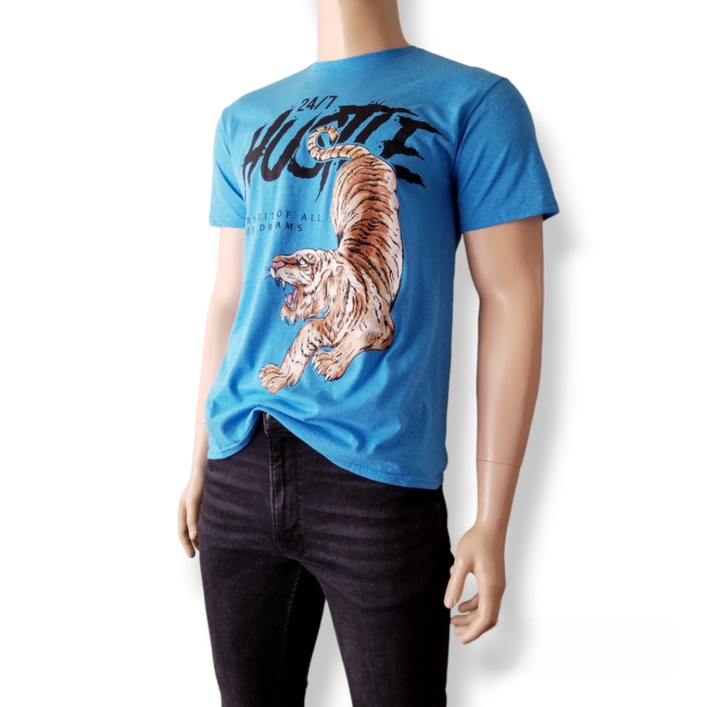 Turquoise Blue " Hustle" Tiger Print T-Shirt